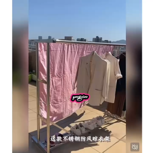 Happy🩵(พร้อมส่ง Cod)ราวตากผ้าสแตนเลสสตีล ราวแขวนเสื้อผ้าตั้งพื้น  มีห่วงกันลม มาพร้อมชั้นวางรองเท้า มีล้อเคลื่อนย้ายสะดวก ประหยัดพื้นที่ โครงสร้างเสา4ด้านมั่นคงแข็งแรง