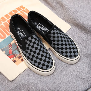 Trendy Black White Plaid Canvas Shoes Mens Fashion Board Shoes Korean Style Breathable Casual Low Top Sneakers