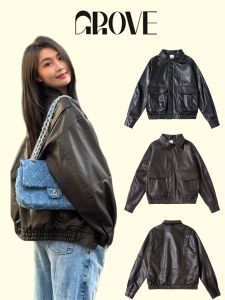 Retro Style Womens Biker Jacket Coffee Color Loose Fit Couples Outerwear PU Leather Coat Spring Autumn New Arrival