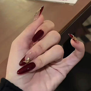 10pcs French Style Red 3D Hand Carved Floral Oval Fake Nails Long Pointed Press on Nails for Women Party Wedding Decoration