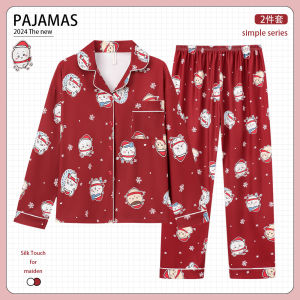 Pure Cotton Chiikawa Sleepwear Set for Women Spring Autumn Style Home Clothes Red Color Cartoon Print Long Sleeve Nightgown