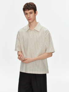 New Money Style Cuban Collar Striped Tencel Blend Short Sleeve Loose Casual Mens Shirt