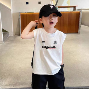 เสื้อกั๊กพิมพ์ลายแขนกุดผ้าฝ้ายแท้สไตล์ลําลองสําหรับเด็กผู้ชายอายุที่แตกต่างกันเสื้อคอกลมสีขาวอเนกประสงค์