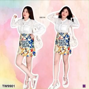 B9901 Set เสื้อเชิ้ตคอจีน + กระโปรงพิมลาย Set: Chinese collar shirt + printed skirt