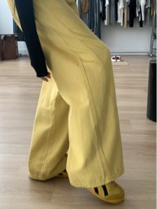 กางเกงยีนส์ทรงหลวมเอวสูงสีเหลืองยาวสำหรับผู้หญิง กางเกงขายาวทรงตรงขากว้าง ทรงหลวม สไตล์สตรีท ทรงหลวม ฤดูใบไม้ผลิ ฤดูร้อน ฤดูใบไม้ร่วง ฤดูหนาว