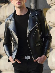 Slim Fit Mens Biker Jacket Korean Style Fashionable Thickened Fleece Collar Spring Summer Casual PU Leather Coat Zipper Decor