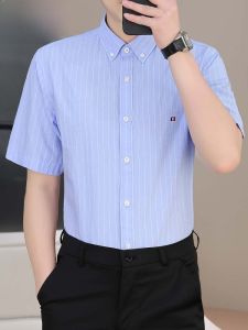 HENGYUANXIANG | Hengyuanxiang Mens Short Sleeve Shirt Embroidered Stripes Pure Cotton Casual Breathable Iron Free High End Shirt Summer Fashion Urban Style