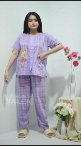 Setelan Tidur Plus Size Dewasa Motif Geometris Warna Cerah dengan Kancing Lurus - Kapas Premium