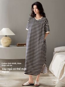 MiiOW | Pure Cotton Nightgown Womens Summer Thin Short Sleeve Casual Striped Sleepwear Can Be Worn Outside Long Dress Round Neck