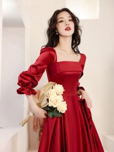 ชุดราตรียาวเอวสูงแขนยาวสีพื้นหรูหราสำหรับเจ้าสาว ชุดราตรียาวเอวสูงสไตล์สตรีทสำหรับงานแต่งงานและงานปาร์ตี้