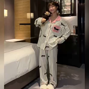Korean Soft Cotton Womens Color Block Pajama Set With Side Pockets Loose Soft Sweet V-neck Loungewear