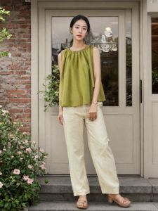 Summer New Womens Cotton Off-Shoulder Top Knot Waist Design Sleeveless Slimming Shirt Korean Style Loose Fit Solid Color