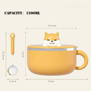 JUSTINLAU 1200ml 304 Stainless Steel Instant Noodle Bowl with Cover Large-capacity Bowl with Fork Filterable Water Bowls