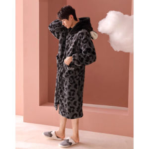 Elegant Cute Leopard Print Flannel Sleepwear Set