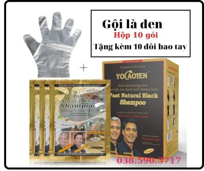 Hộp 10 gói Dầu gội đen tóc yocaoten tặng kèm 10 đôi bao tay