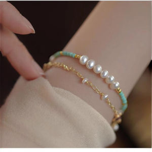 Natural Freshwater Pearl Green Turquoise Bracelet Womens Elegant Simple Stackable Chinese Style Bohemian Fashion Jewelry
