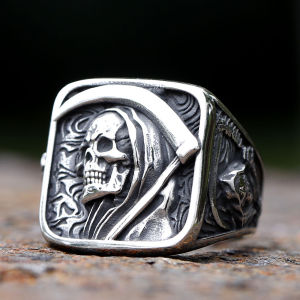 2024 Vintage Mens 316L Stainless Steel Rings for Men Death Sickle Domineering Skull Ring Mens Hip-hop Punk Party Jewelry Gift