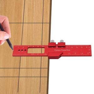 Precision Pocket Ruler Metal Slide Ruler Inch and MetricAluminum Woodworking Ruler with Slide Stop T-Type Scribing Ruler