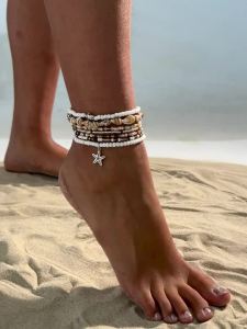 Ingemark Y2K Boho Starfish Conch Pendant Anklet for Women Summer Beach Vintage Rice Beads Ankle Barefoot Chain Foot Jewelry Set