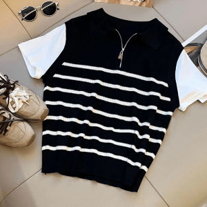 Áo Thun Dệt Kim Cổ Polo Màu Tương Phản Kẻ Sọc Có Khóa Kéo Cho Nữ Mùa Hè 2024 Áo Hai Mảnh Giả Thời Trang Thường Ngày Tay Ngắn
