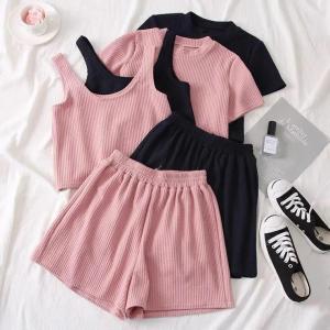 No Pocket Short Sleeve T-Shirt Shorts Set Three-Piece