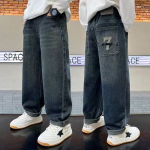 Spring Autumn Boys Denim Pants with Pockets Letter 7 Children Straight Jeans Pants for 4-14Years Kids Loose Casual Trousers
