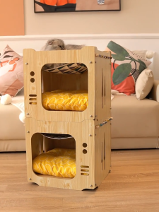 Teekland Cat House Wooden Rabbit Hideout with Hammock Stackable Collapsible Cat Kity Cube Room Splicing Bunny Cat Climbing Combination