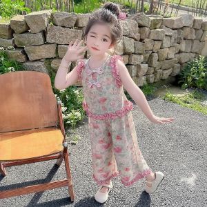 New Chinese Style Floral Print Girls Set Summer Sleeveless Lace Wide Leg Pants Fashionable Baby Two Piece Suit Outfit for Kids