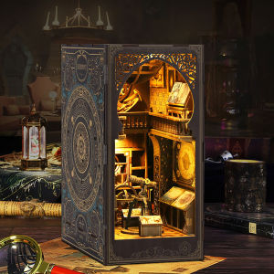 DIY Book Nook Shelf Insert Kit 3D Wooden Puzzle Doll House Assembly Building Model Bookends With Furniture LED Light Xmas Gifts