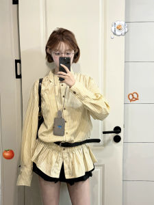 Spring Fashion Set Womens American Retro Striped Shirt And Pleated Skirt Two-Piece Suit Long Waist-Cinching Shirt Ensemble