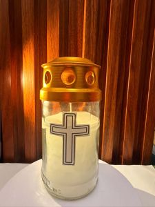 7D Large Cemetery Altar Smokeless Long lasting Lamp Candle with Black Cross Design | Color Gold Windproof Cover