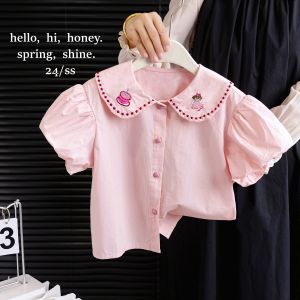 Trendy Summer New Girls Shirt Doll Collar and Lace Puff Sleeves