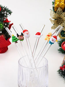 1PC/6PCS Christmas Glass StrawsDeer/gingerbread/Santa designs. Reusable for juice coffee & tea drinks.