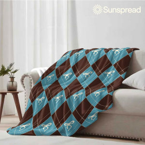 Beast Kingdom | Blue Brown Bow Argyle Soft Warm Flannel Blanket Lightweight Cozy Christmas Halloween Home Decor Room