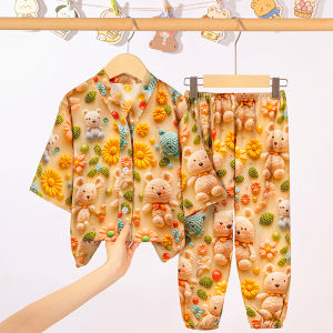 Zhaotai Childrens Summer Sleepwear Thin Silk Home Clothes Set for Boys And Girls Baby Air Conditioning Suit Cotton Silk