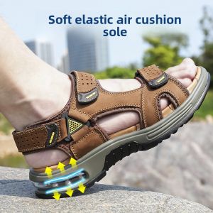 Leak-Picking Big Sale Summer Genuine Leather Sandals Mens Trendy Air Cushion Slippers Casual Sports Beach Shoes Non Slip Abrasion Resistant Soft Bottom