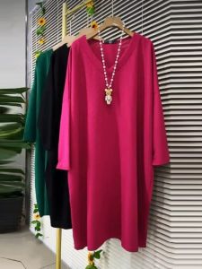 plus Size 2-300Pounds Large Dress Slimming Lazy Style Mid-Length Simple Solid Color Womens Spring Autumn INS V-neck Korean Style