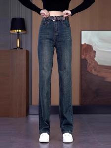 กางเกงยีนส์ทรงตรงเอวสูงสำหรับผู้หญิง ฤดูใบไม้ร่วง ฤดูหนาว กางเกงขายาวทรงขากว้าง ผ้าฝ้ายผสมโพลีเอสเตอร์