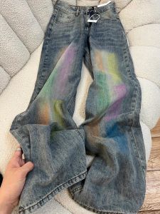 High Waist Loose Wide Leg Denim Jeans Womens Graffiti Straight Leg Slimming Draping Floor-Length Casual Jeans