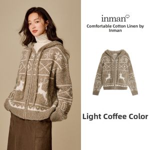 INMAN | Alpaca Wool Fair Isle Pattern Hooded Loose Red Knitted Cardigan