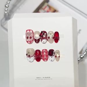 10pcs Short Oval French False Nails Ins Style Press on Nails with Cherry Bows Rhinestone for Party Wedding Nail Art