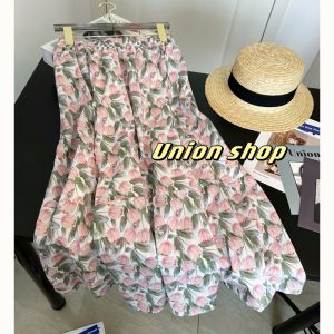 Floral A-Line Midi Skirt Womens Summer 2025 New French Style High Waist Pink Skirt Korean Style Half-length Skirts