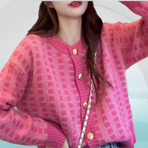 เสื้อคาร์ดิแกนถักลายสก็อตสีชมพูหลวมๆ สุดเก๋ แฟชั่นฤดูใบไม้ผลิและฤดูใบไม้ร่วง เสื้อคลุมคาร์ดิแกนสำหรับผู้หญิง