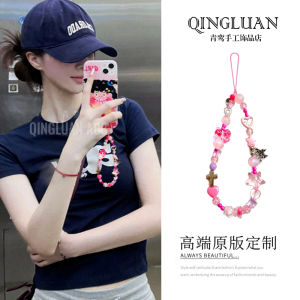 Pink Butterfly Beads Metal Phone Chain for Women Short Hanging Rope Mobile Phone Accessories Female Style Digital Accessories