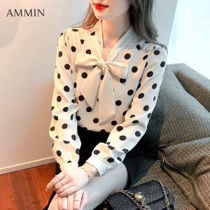 Ammin cá tính thời trang Hàn Quốc giải trí đi làm Float LED Polka Dot áo cánh vải voan cho phụ nữ 2023 mùa thu mới tất cả phù hợp với Bow Tay áo dài in áo voan