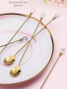 Korean Style Long Handle Stainless Steel Crystal Ice Spoon Coffee Milk Tea Stirring Spoon Home Use Spoon High Aesthetic Value