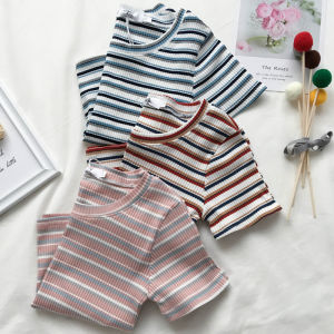 Summer Striped Short Sleeve T-Shirt Womens Short Fit Pure Desire Top Tight Body round Neck Cotton Polyester Elastic Fiber
