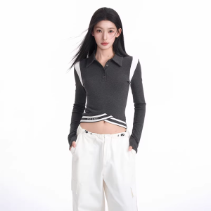 BAIDAIFEI | Black Polo Collar Structured Shoulder Long Sleeve Slim Fit Short Crop Top T-Shirt