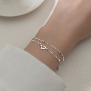 925 Sterling Silver Double Love Heart Hollow Round Beads Bracelet Female Fashion Romantic Jewelry Classic Adjustable