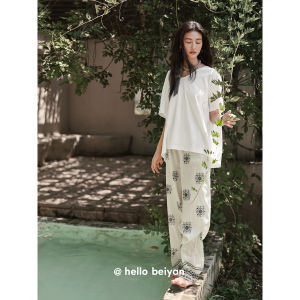 BEIYAN | Summer Cooling V-Neck Lightweight Short Sleeve Wide Leg Pants Sleepwear